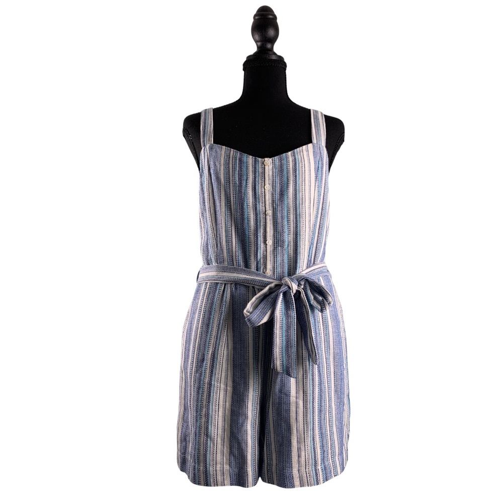 Windsor Blue White Striped Romper Pleated Waist Side Zip Belted Women's M Y2K